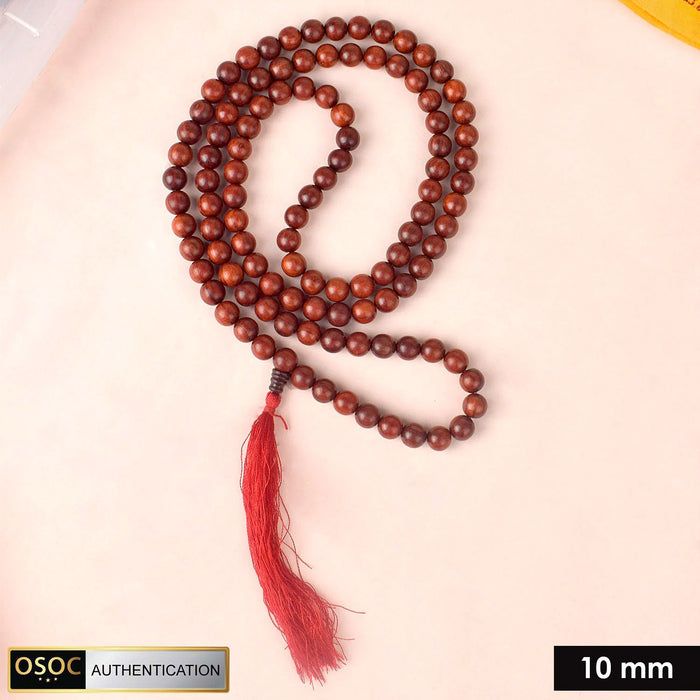 Certified 10mm 100% original authentic red sandalwood (Chandan) jap mala from Andhra Pradesh, with large round beads for meditation, chanting, and spiritual rituals. India’s Premium Jap Mala Store - www.satvikstore.in