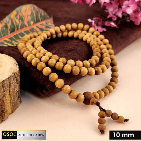 Certified 10mm 100% original authentic Mysore white sandalwood (Chandan) jap mala, crafted with smooth round beads for meditation, prayer, and spiritual practices.India’s Premium Jap Mala Store - www.satvikstore.in