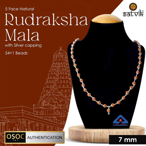 Certified 5 Mukhi Rudraksha mala with 925 silver capping for meditation, spiritual protection, and daily japa practice. India’s Premium Jap Mala Store - www.satvikstore.in