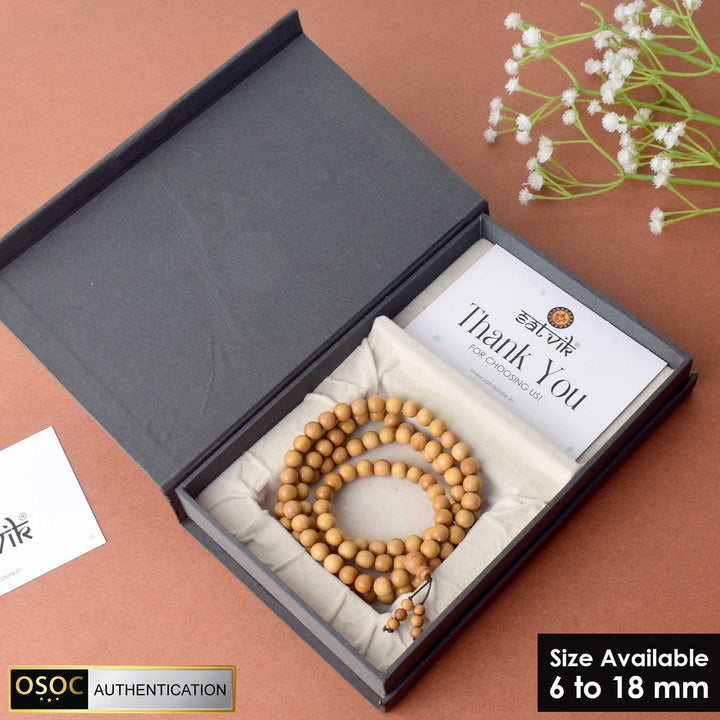 Certified Authentic Mysore White Sandalwood Jap Mala for Japa and Meditation. India’s Premium Jap Mala Store - www.satvikstore.in