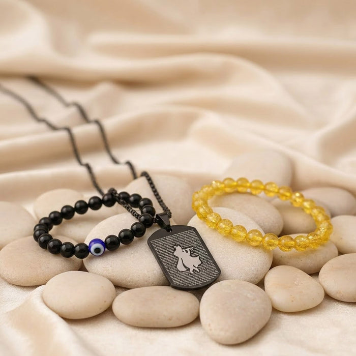 Citrine Bracelet, Black Obsidian Evil Eye Bracelet and Hare Krishna Hare Rama micro-carved pendant combo displayed in a spiritual lifestyle setting, symbolizing protection, positivity and divine energy. India’s Largest Puja Accessories Brand- www.satvikstore.in
