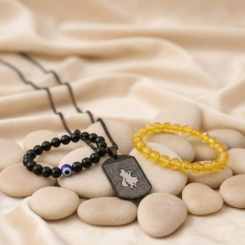 Citrine & Black Obsidian Evil Eye Bracelet Combo with Hare Krishna Hare Rama Pendant | Prosperity, Protection & Devotion