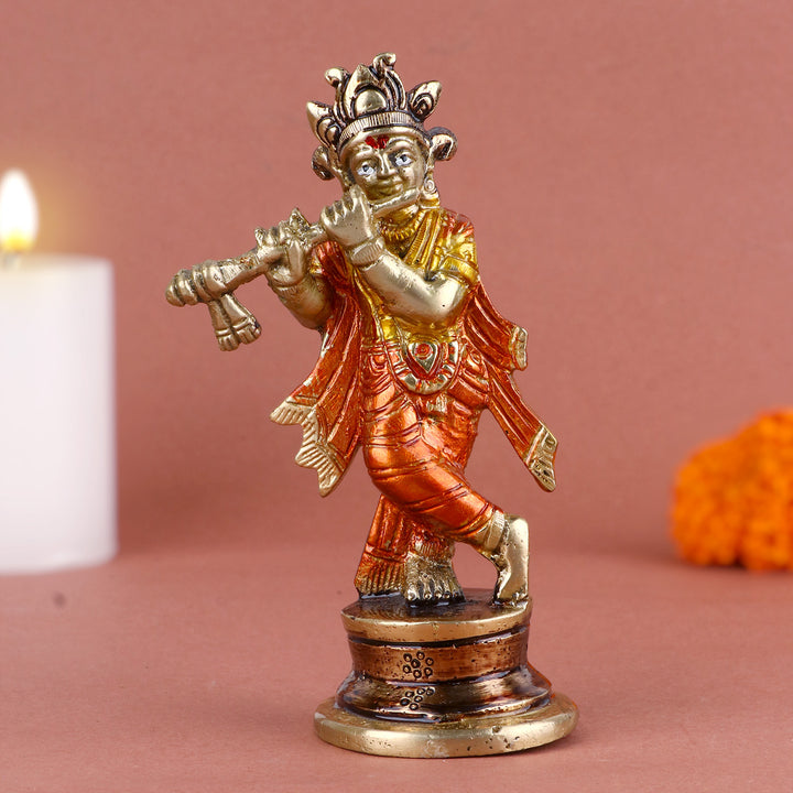 7.2 Inch Aesthetic Colorful Brass Krishna Idol – Vibrant Lord Krishna Statue for Home Mandir, Festive Decor, and Spiritual Gifting. No.1 Brass Idol Store www.satvikstore.in 