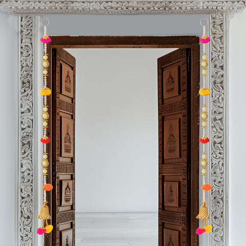 Colorful Ethnic Pom Pom Hanging Decorated with Pearls and Bell for Festive Home Decoration and Pooja Room. India’s Largest Pooja Accessories Brand – www.satvikstore.in
