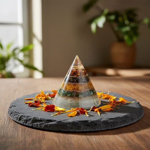 Conical Dhan Yog Pyramid with selenite base healing stone for wealth and prosperity. India’s Largest Puja Accessories Brand- www.satvikstore.in