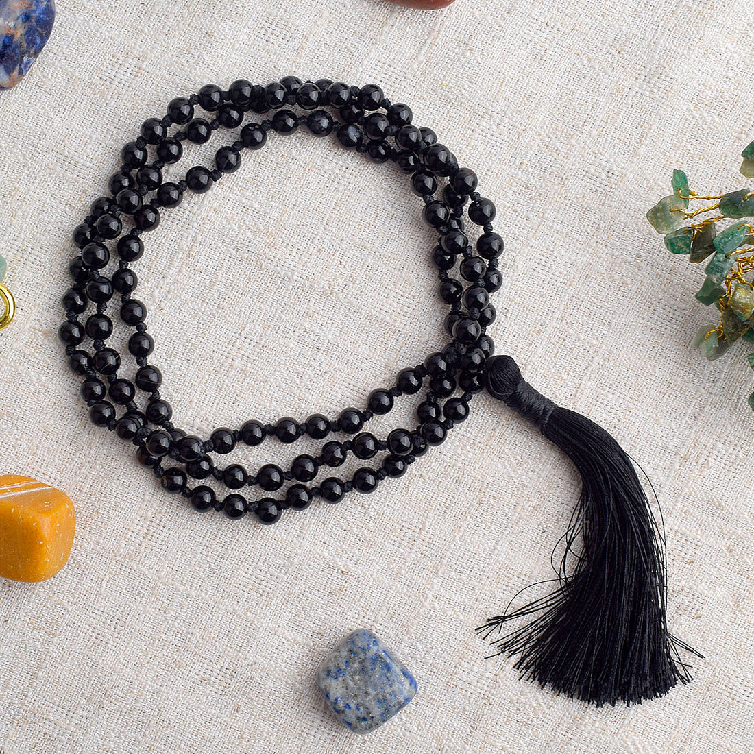 108 Beads Black Onyx Crystal Jaap Mala for Protection & Focus