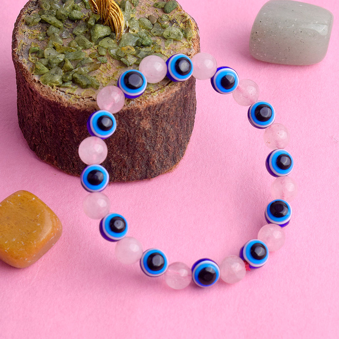 Authentic Rose Quartz Bracelet with Evil Eye