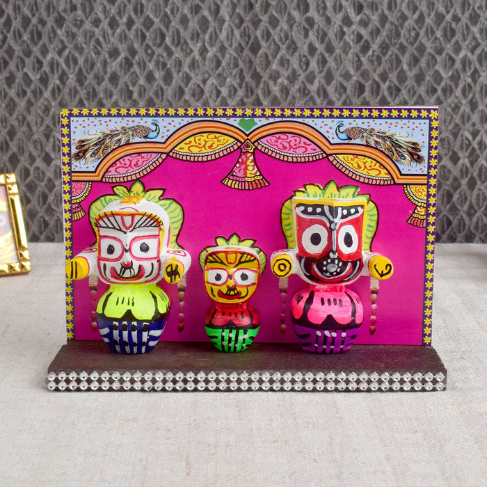 Handcrafted wooden Lord Jagannath idol with traditional detailing, ideal for devotion, travel blessings, and spiritual decor in home or vehicle. India’s Largest Pooja Accessories Brand - www.satvikstore.in
