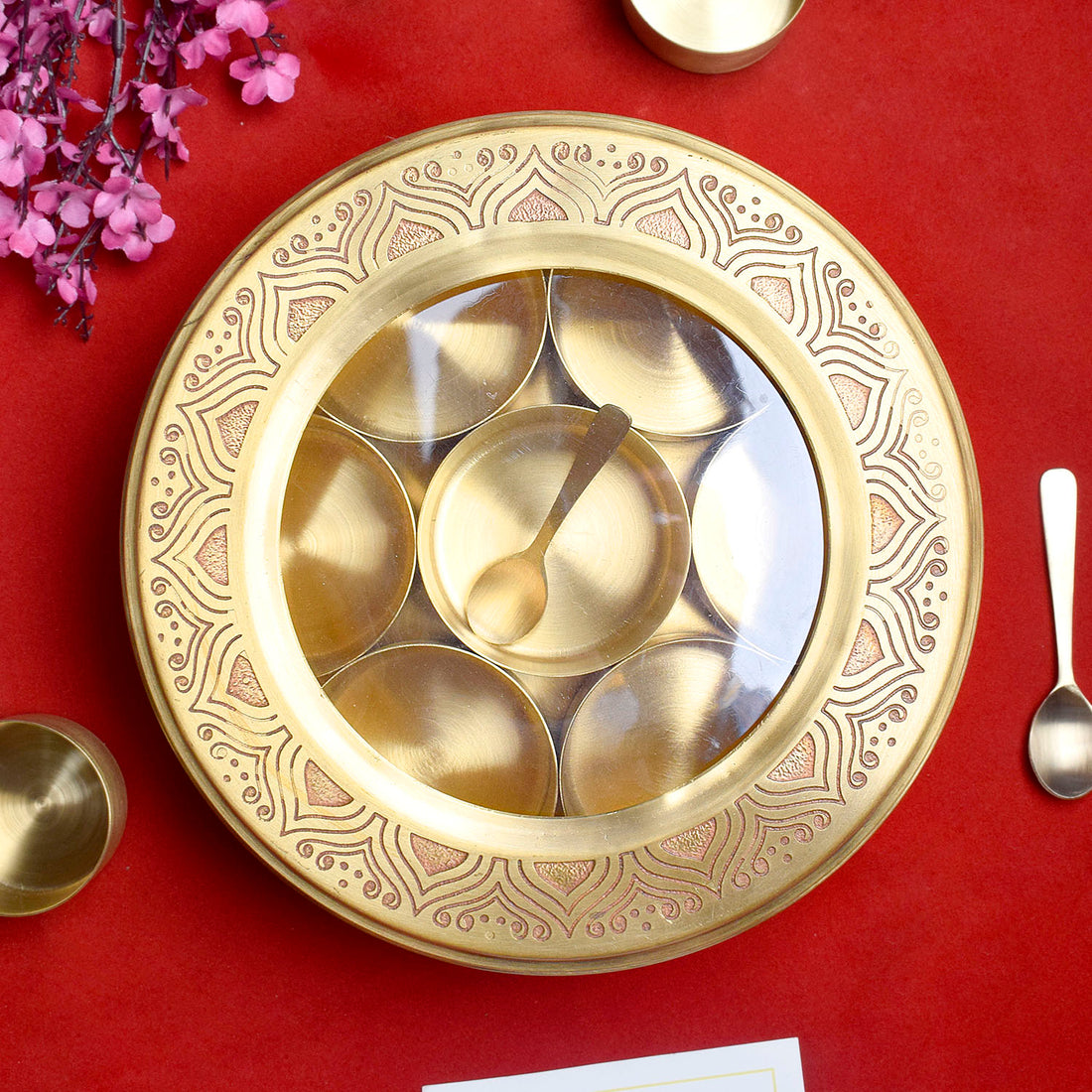 Premium Brass Pooja Samagridaan Set - 7 Containers with Spoon and Glass Lid