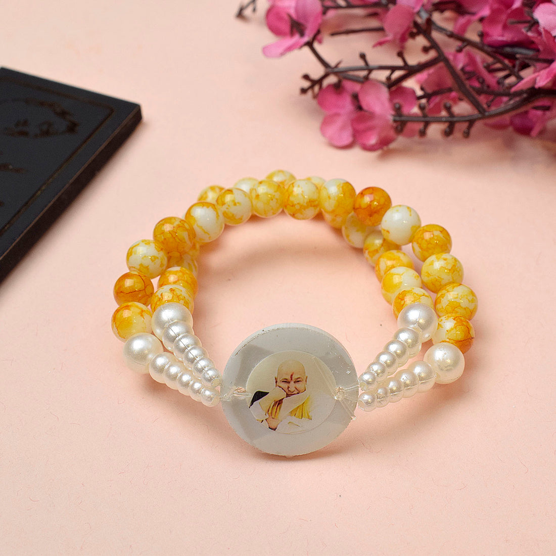 Crystal Yellow Beads Double Layer & White Pearl Bracelet with Jai Guruji Swaroop