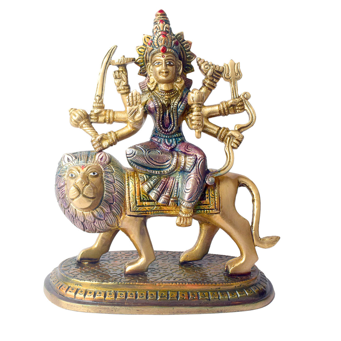  Embrace the powerful energy of Maa Durga with this 8.5-inch Brass 8-Armed Durga Idol, beautifully depicted riding her mighty lion. This meticulously crafted statue showcases Maa Durga in her most majestic form, symbolizing strength, courage, and divine protection. 