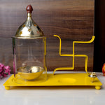 Brass & Metal Swastik Chimney Diya Tray with Incence Holder (Yellow)