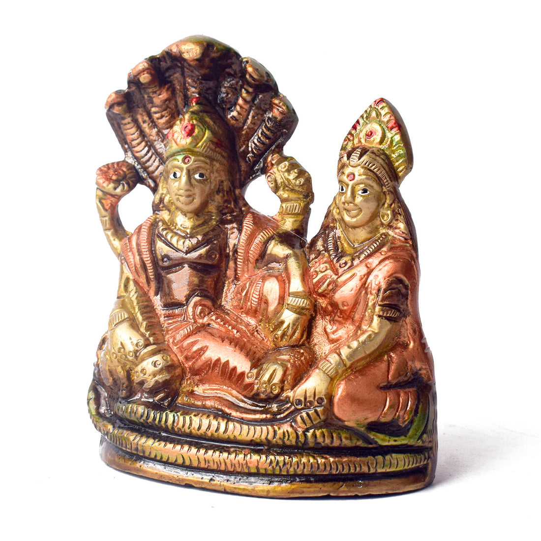  The 4.7 Inch Vishnu Ji Resting on Snake - Small Divine Figure is a beautifully crafted miniature statue that showcases Lord Vishnu in a serene and tranquil pose. Resting gracefully on the multi-headed serpent, Sheshnag, this divine figure symbolizes the eternal peace and protection Vishnu provides to the universe. 