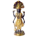  This elegant brass statue of Lord Vishnu seated on the mighty Seshnag is a powerful symbol of divine protection, balance, and cosmic order. The intricate craftsmanship beautifully depicts Lord Vishnu in his serene and majestic form, with the multi-headed Seshnag providing a protective canopy. 