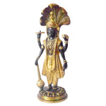  This elegant brass statue of Lord Vishnu seated on the mighty Seshnag is a powerful symbol of divine protection, balance, and cosmic order. The intricate craftsmanship beautifully depicts Lord Vishnu in his serene and majestic form, with the multi-headed Seshnag providing a protective canopy. 