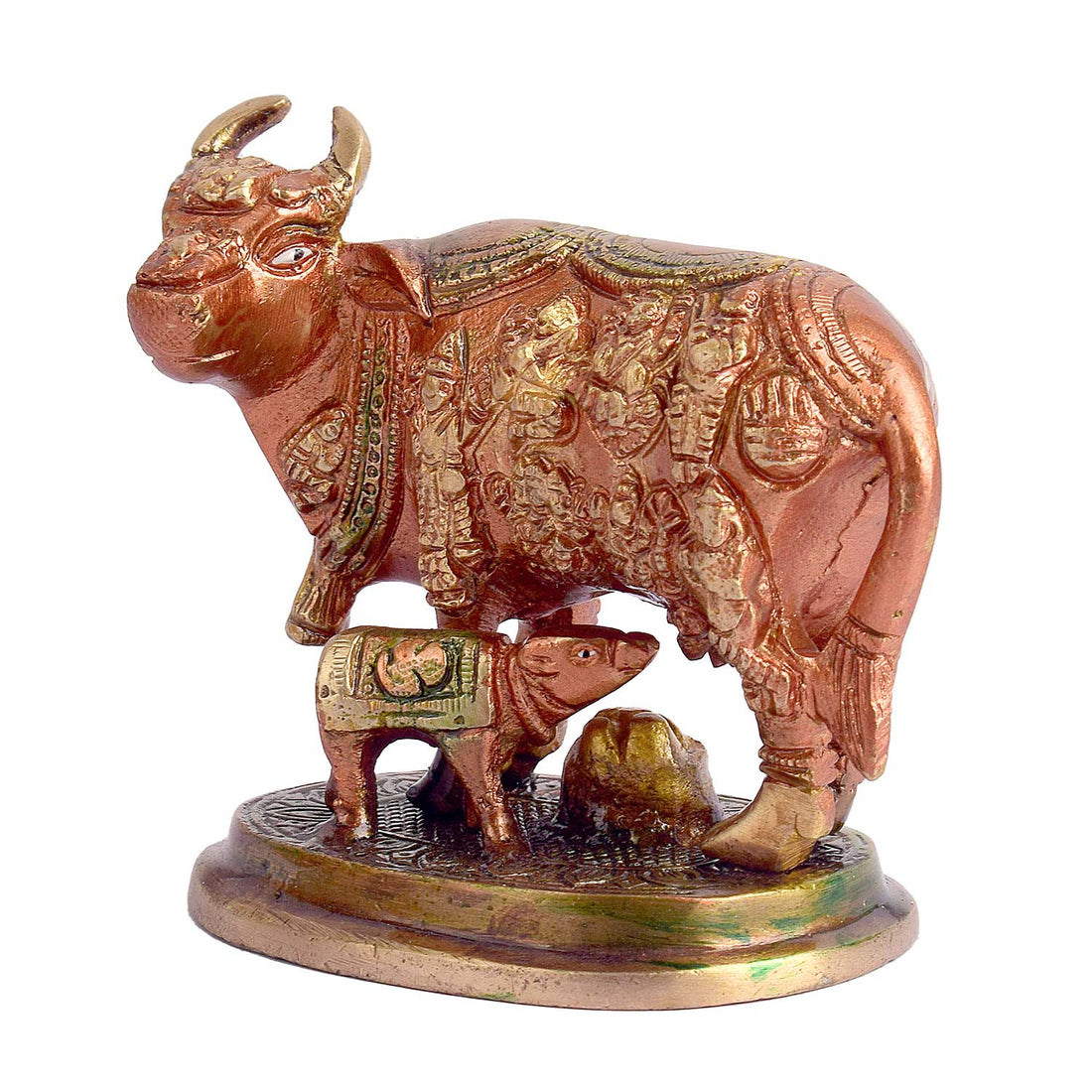 3.9 Inch Kamdhenu Cow with Calf Pure Brass Idol