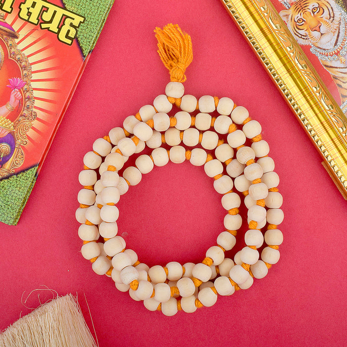 Handcrafted Wooden White Jap Mala with smooth, polished white wooden beads, perfect for prayer, meditation, and spiritual practices. India’s Premium Jap Mala Store- www.satvikstore.in
