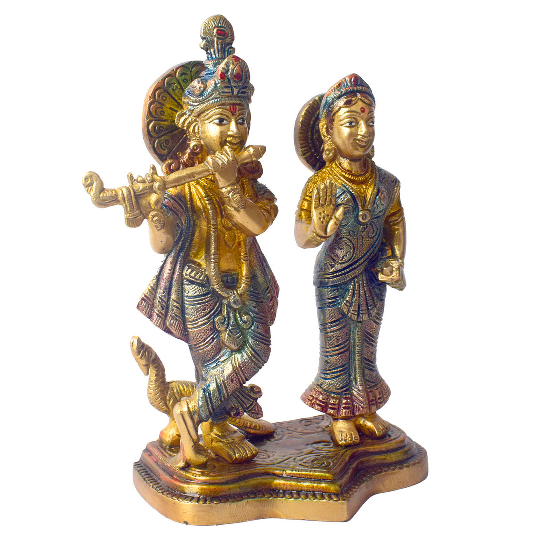 The 8 Inch Radha Krishna Idol – A Symbol of True Devotion and Love is a magnificent representation of the eternal bond between Radha and Krishna, capturing the purity and depth of their divine love. This beautifully crafted idol depicts Krishna playing his flute, while Radha stands beside him, radiating grace, love, and devotion.