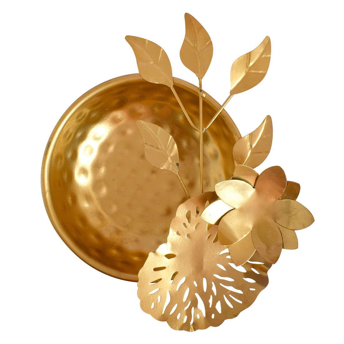 Golden Round Elegant Leaf Stems Brass Urli
