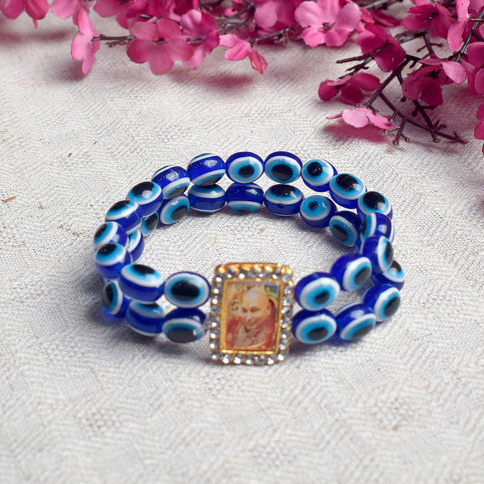 Blue Evil Eye Round Pearl Bracelet with Jai Guruji Swaroop