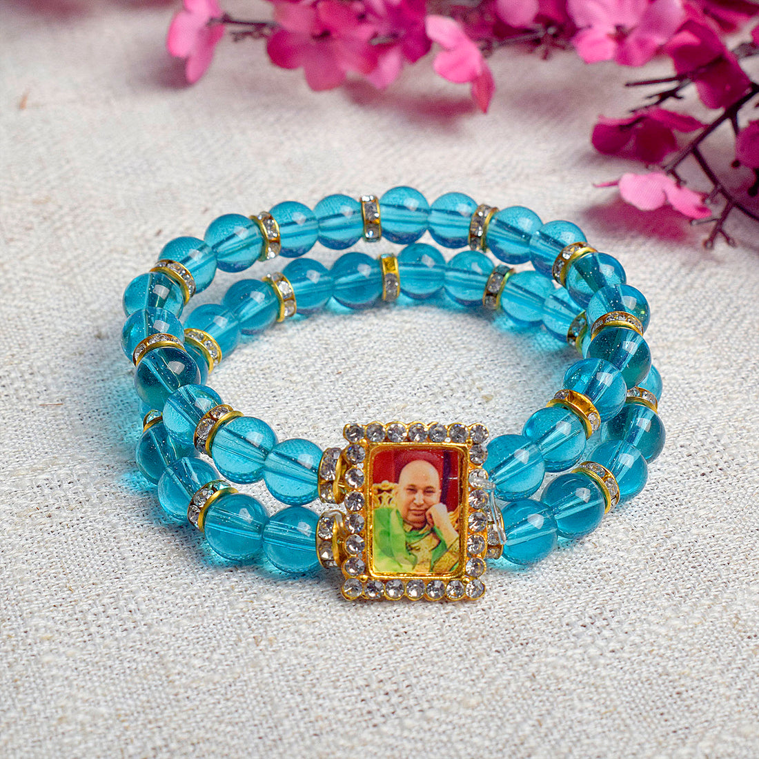 Blue Round Pearl Bracelet with Jai Guruji Swaroop Handmade Bracelets for Men and Women