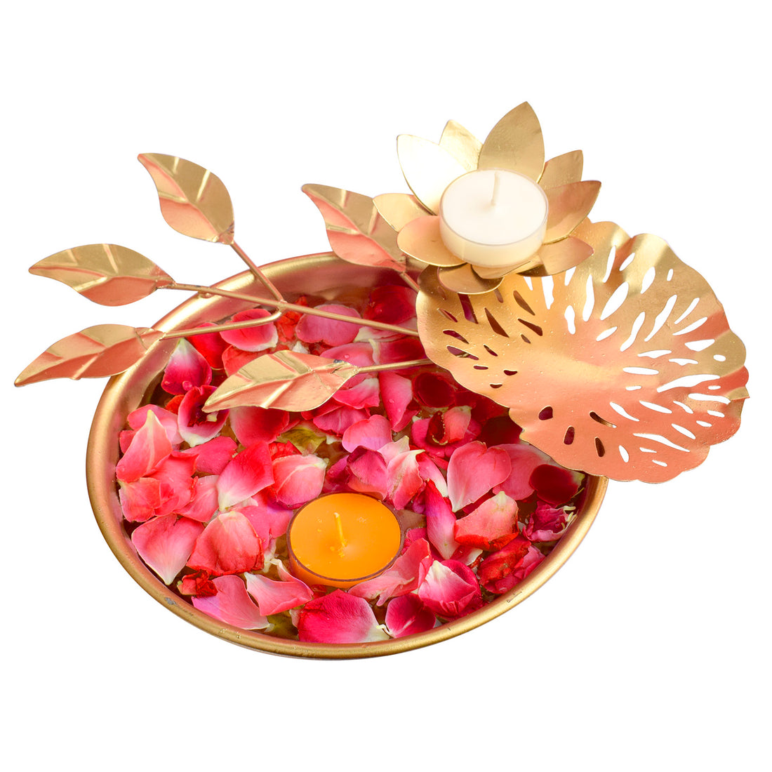 Golden Round Elegant Leaf Stems Brass Urli