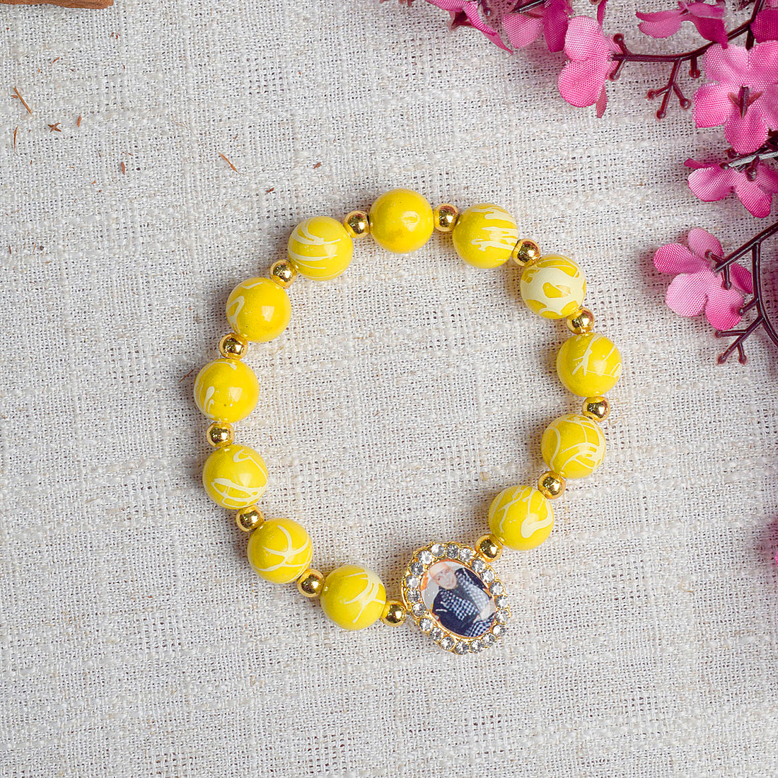 Yellow Round Pearl Bracelet with Jai Guruji Swaroop Handmade Bracelets for Men and Women