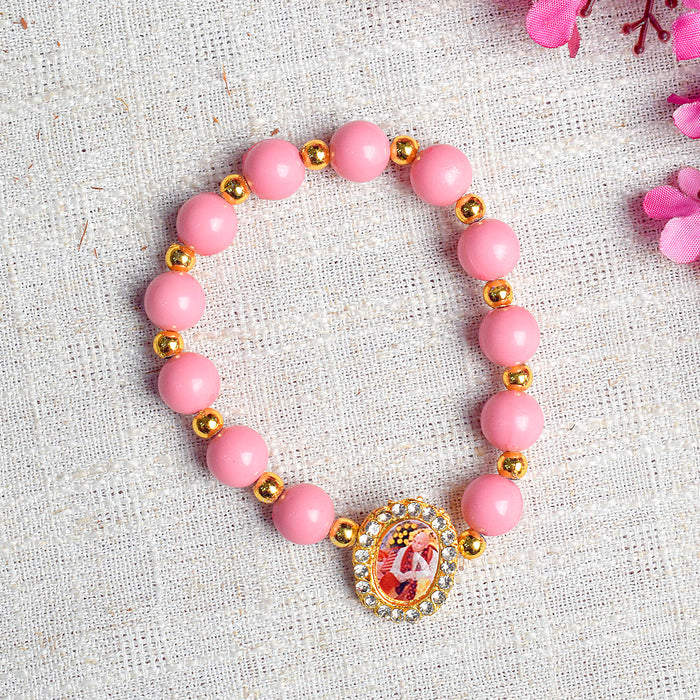 Pink Round Pearl Bracelet with Jai Guruji Swaroop Handmade Bracelets for Men and Women