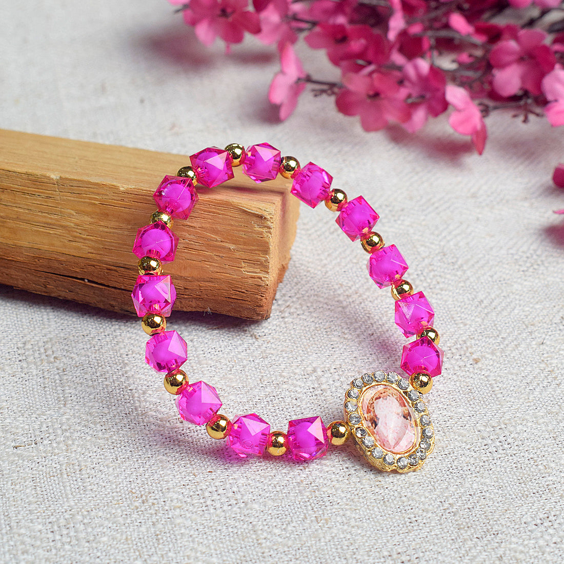 Pink Pearl Bracelet with Jai Guruji Swaroop Handmade Bracelets for Men and Women