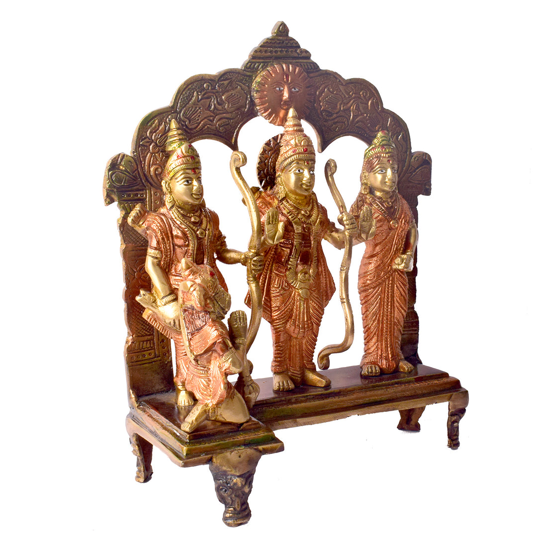 Large Brass Idol of 10.2 Inch Elegant Brass Ram Darbar Murti. Bring divine grace and positivity into your home with this beautifully crafted Brass Small Ram Darbar Idol, featuring Lord Rama, Sita, Lakshman, and Hanuman. Symbolizing love, devotion, and protection, this intricately detailed idol is perfect for enhancing your home temple, Pooja room, or spiritual décor. 