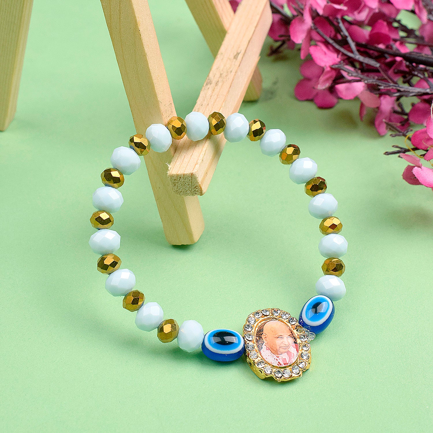 White Evil Eye Beads Bracelet with Jai Guruji Swaroop Handmade Bracelets for Men and Women