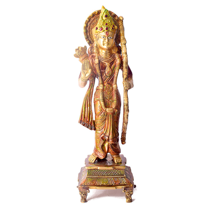 This Opulent Brass Colorful Ram Statue with Bow is a stunning representation of strength, grace, and devotion. Expertly crafted from high-quality brass and adorned with vibrant colors, the statue beautifully depicts Lord Ram in an active pose with his bow, symbolizing courage and righteousness.