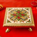 Elegantly Crafted Wooden Chowki with Enchanting Meenakari and Floral Embellishments
