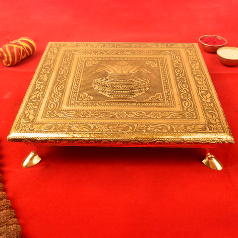 Meenakari Design Wooden Chowki with Kalash Embellishments (10 Inch)