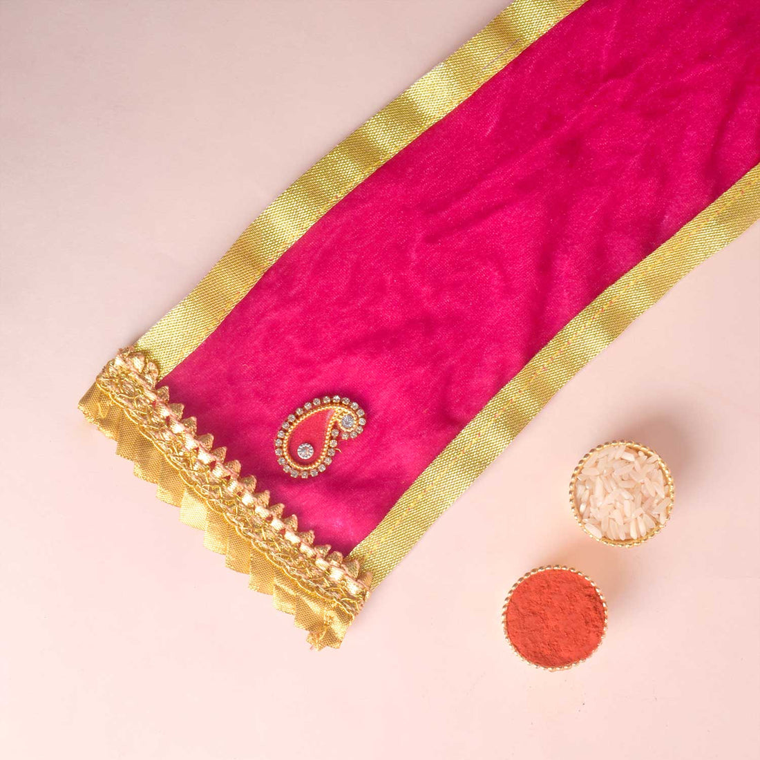 Pink Velvet Ganpati Idol Patka with Gold Border