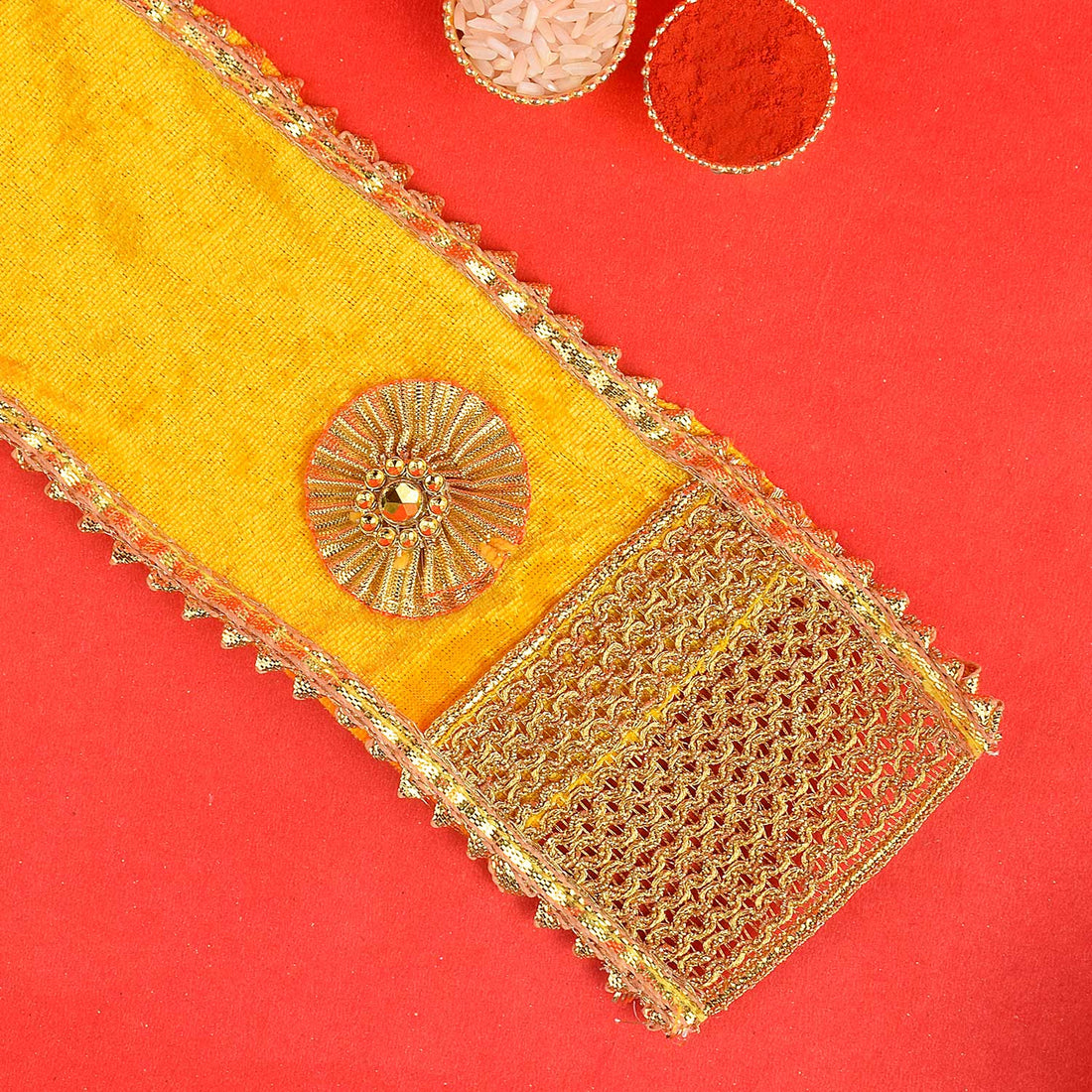 Designer Yellow Velvet Ganpati Idol Patka with Zig-Zag Border