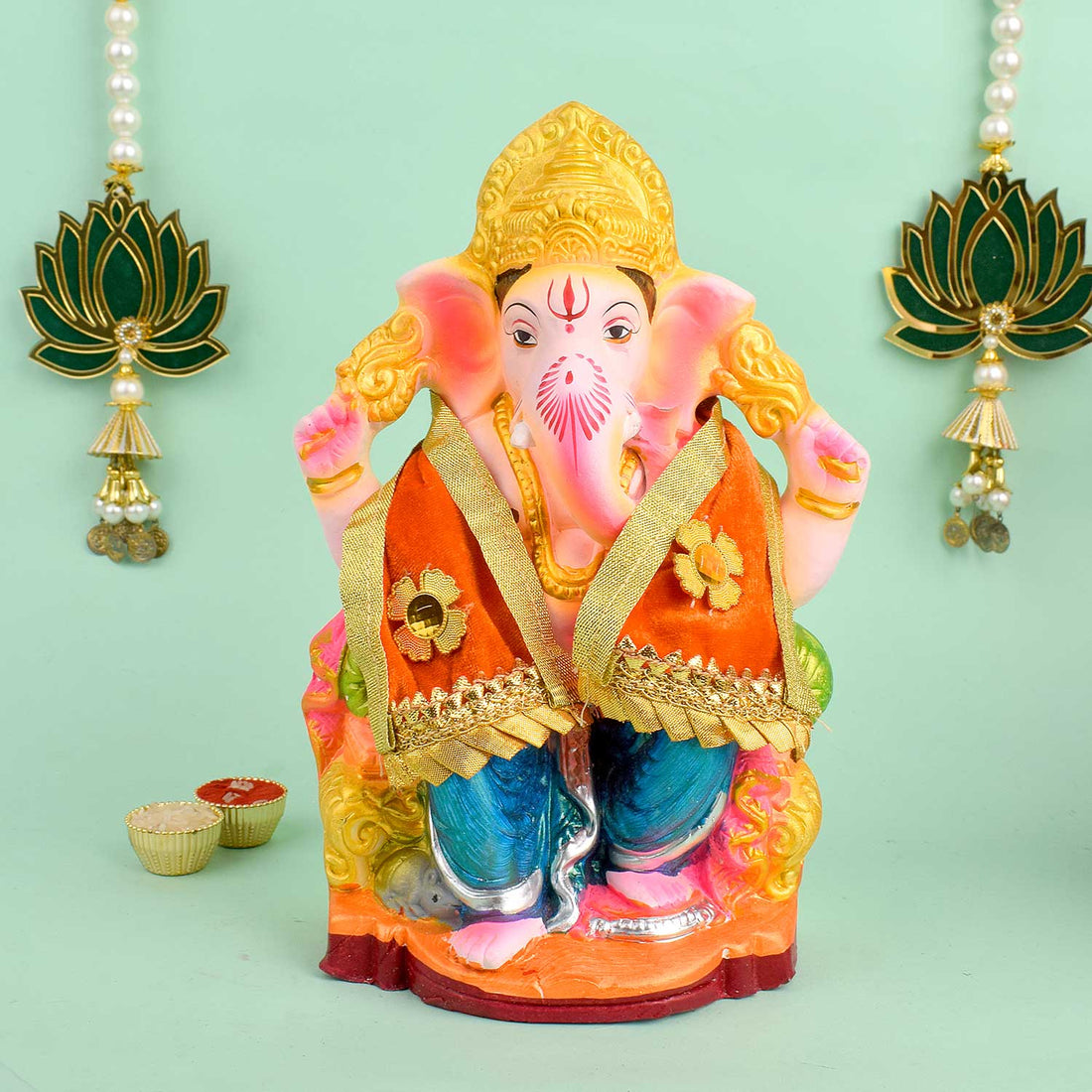 Handcrafted Orange Velvet Ganpati Idol Patka - 15 Inch