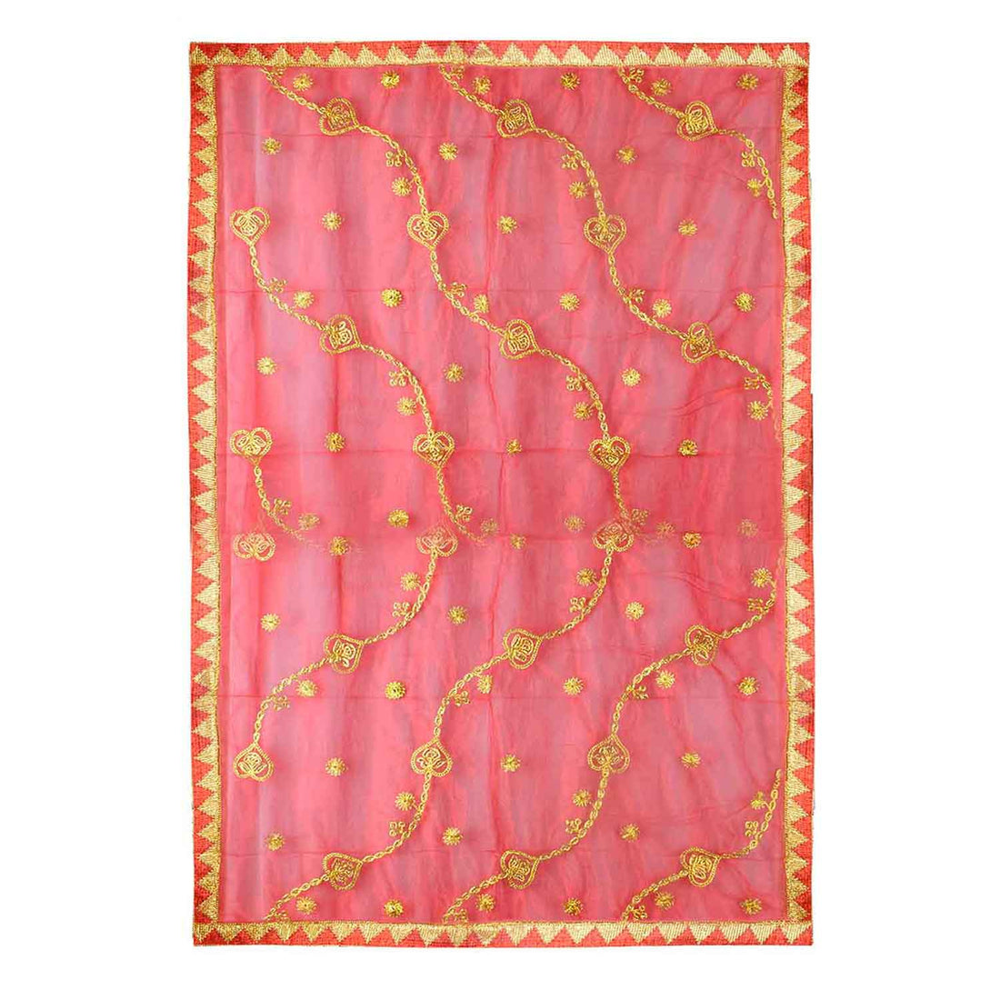 Divine Mata Ki Chunri in a striking red-pink shade, adorned with intricate golden embroidery featuring symmetrical floral and chain motifs. Measuring 220 cm (87 inches) in length and 103 cm (40 inches) in height, this Chunri is ideal for Mata Rani’s Prasad, temple offerings, and Devi puja during Navratri. The border showcases a traditional golden triangular pattern, adding a regal touch.

Shop Matarani Ki Chunri, Mata Ki Chunni Online, Mata Ki Chunni Big Size, and more at Satvik Store. Discover the perfect 