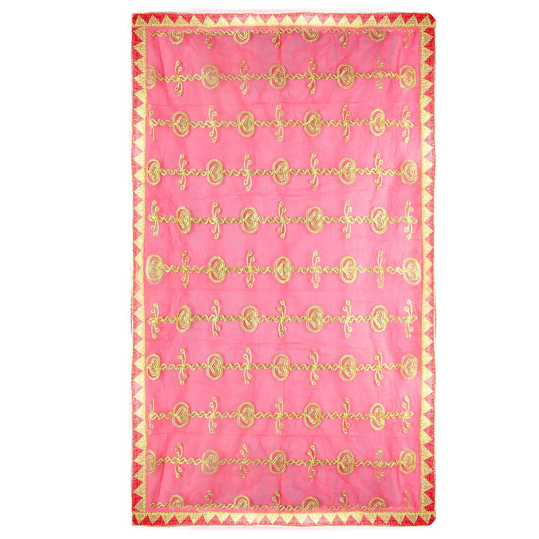 Premium Mata Ki Chunri with golden embroidered vertical patterns featuring traditional floral and swirl designs. This Chunri measures 216 cm (85 inches) in length and 100 cm (39 inches) in height, making it ideal for Devi Puja, temple offerings, and festive celebrations like Navratri and Durga Puja. The rich golden border enhances its elegance and sacred significance.

Shop Big Size Mata Ki Chunri, Devi Chunri for Puja, and more at Satvik Store. A perfect offering for temple rituals and religious ceremonies