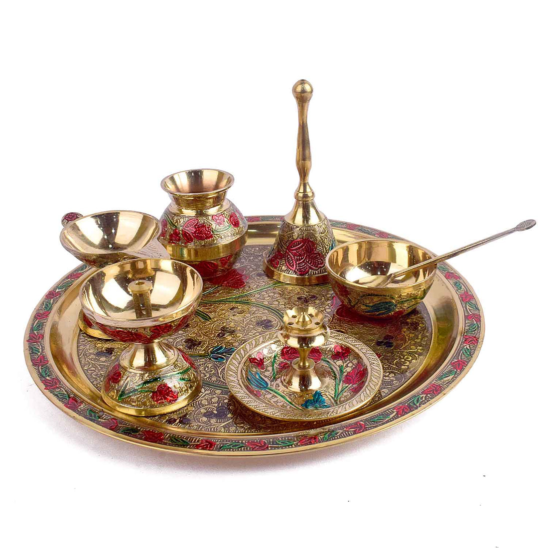 Ravishing 8 Pc Brass Puja Thali Set with Premium Velvet Box (10 Inch)