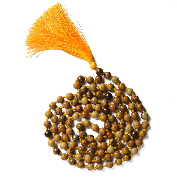108 Beads Picture Jasper Hakik Mala – A grounding and healing mala for emotional balance, creativity, and spiritual connection. India’s Premium Hakik Jap Mala Store - www.satvikstore.in
