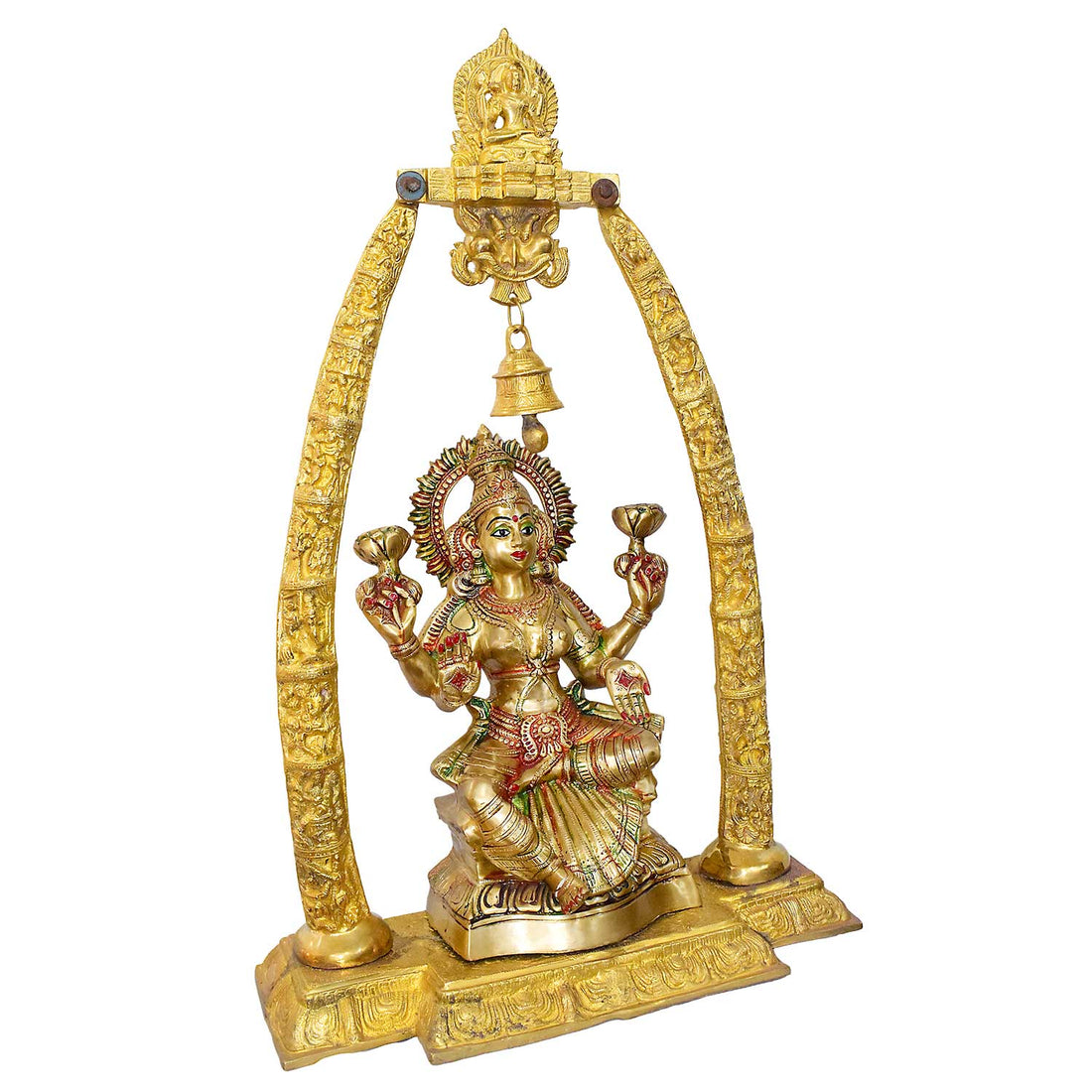 34 Inch Dhan Lakshmi on Mandap with Ghanti - Kanchan Kamala Devi Brass Murti
