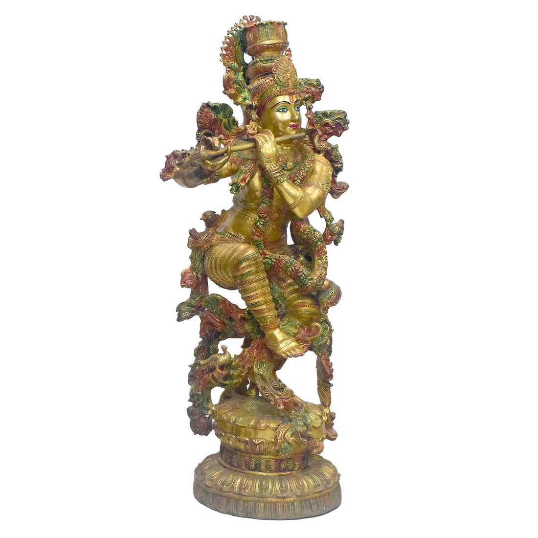 43 Inch Large Brass Krishna Flute Player Statue - Tribhanga Pose