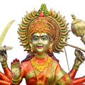 Handcrafted large brass statue of Goddess Durga riding her lion, holding multiple weapons including a trident, sword, and bow, glossy finish, weight 182000 grams (182 kg), height 149 cm (approximately 58.66 inches), length 125 cm (approximately 49.21 inches). Best for VIP Gift, best for big premium gift, best for your temple. India's Large Puja Accessories Brand - Satvikstore.in
