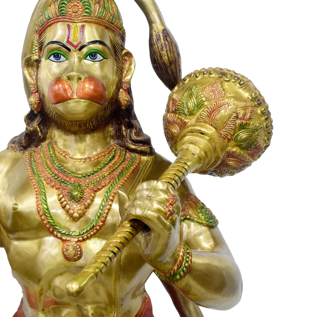 74 Inch Brass Hanuman Statue in Dynamic Pose - Holding Gada