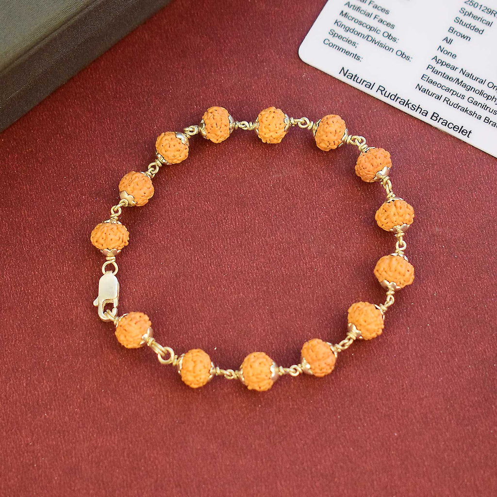 Certified Natural Rudraksha Bracelet with silver capping featuring peach beads for spiritual protection and daily wear. India’s Premium Rudraksha Jap Mala Store- www.satvikstore .in

