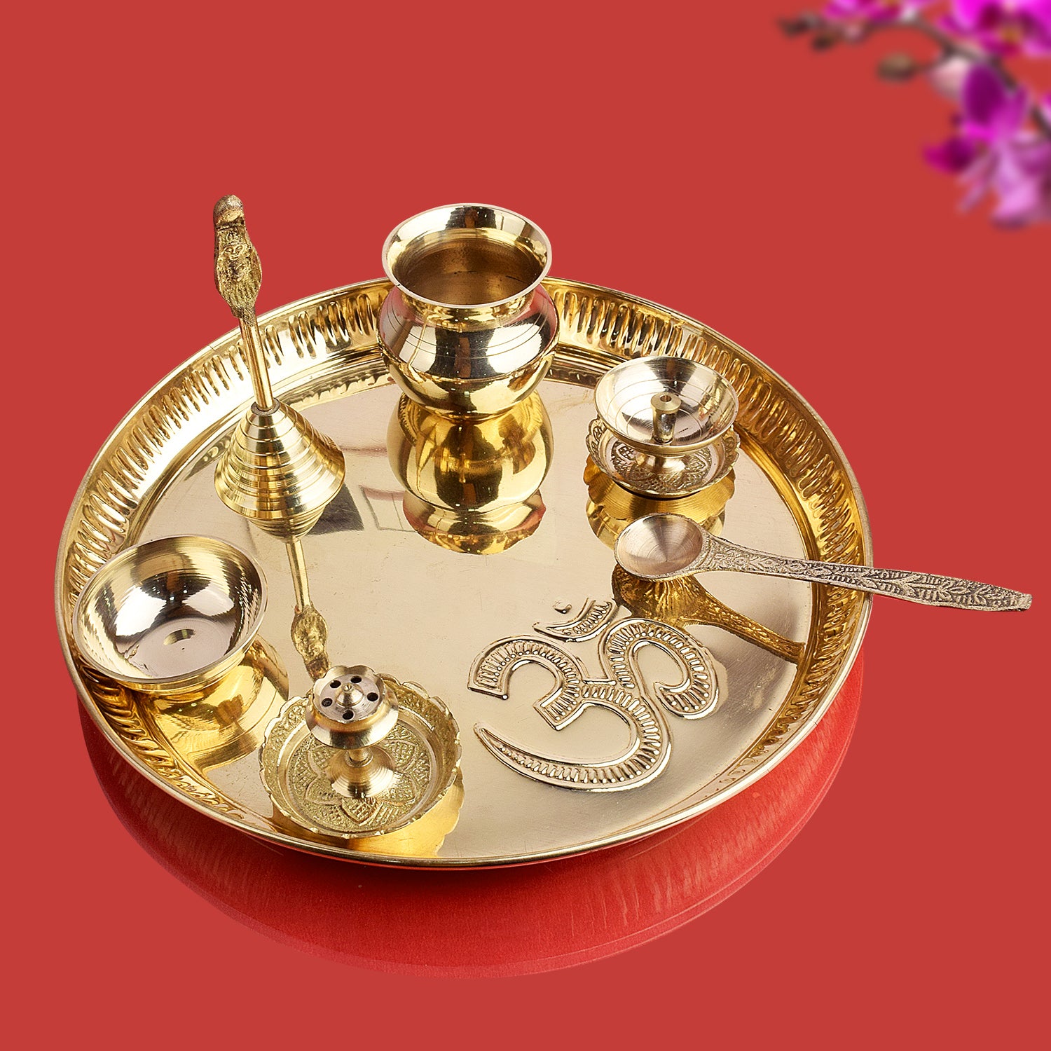 Buy Brass Floral Pooja Thali Set 7 Piece (10 Inch)