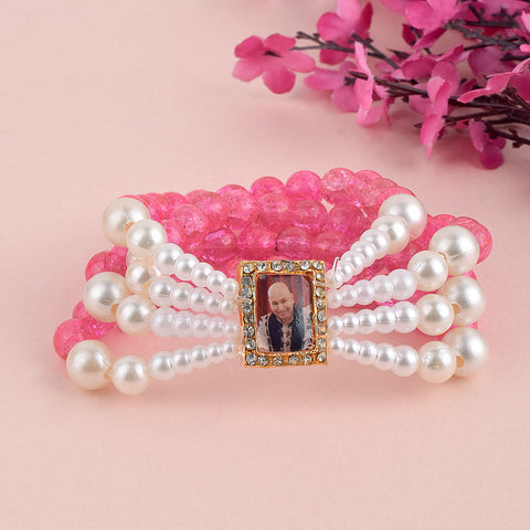 Crystal Pink Beads Four Layer & White Pearl Bracelet with Jai Guruji Swaroop