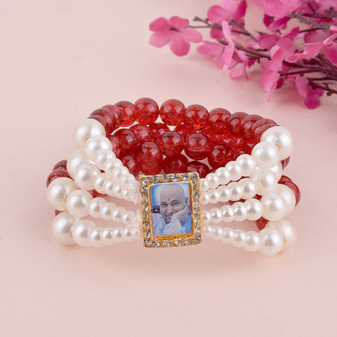 Crystal Red Beads Four Layer & White Pearl Bracelet with Jai Guruji Swaroop