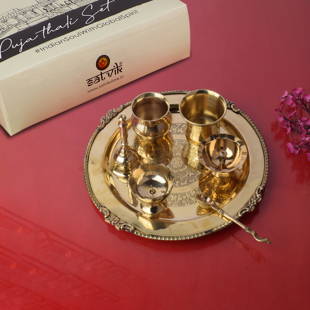 Beautiful Gold Plated Brass Pooja Thali Set for Diwali Poojan, Dhanteras,  Hawan Puja, Diwali Pujan, Navrata Pujan (1 Pieces, Gold)